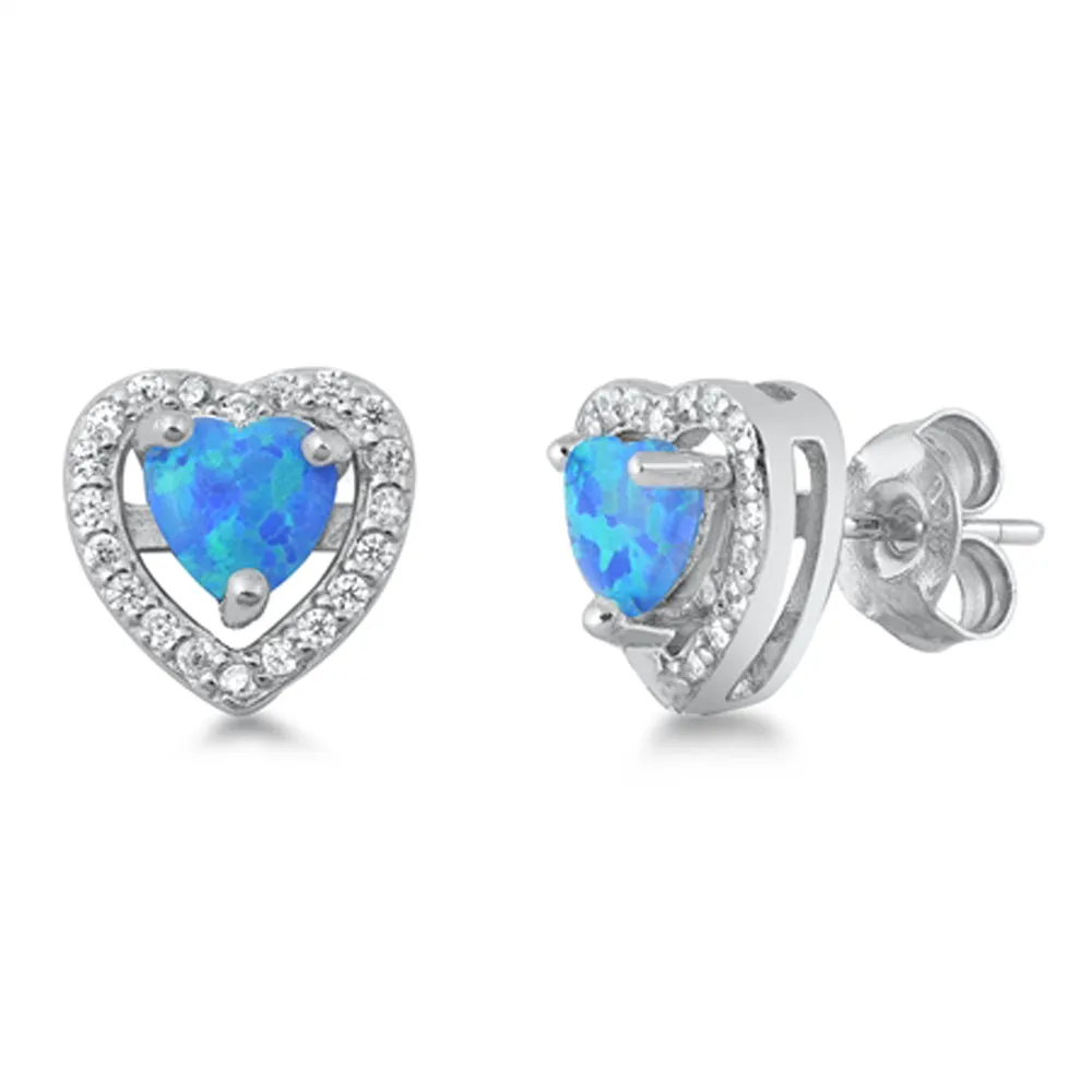 Sterling Silver Heart Forever Halo Eternity Love Earrings Blue Synthetic Opal