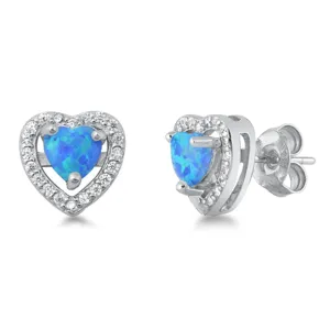 Sterling Silver Heart Forever Halo Eternity Love Earrings Blue Synthetic Opal