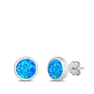 Sterling Silver High Polished Blue Synthetic Opal Circle Earrings 925 New