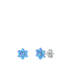 Sterling Silver High Polished Blue Synthetic Opal Flower Earrings .925 New