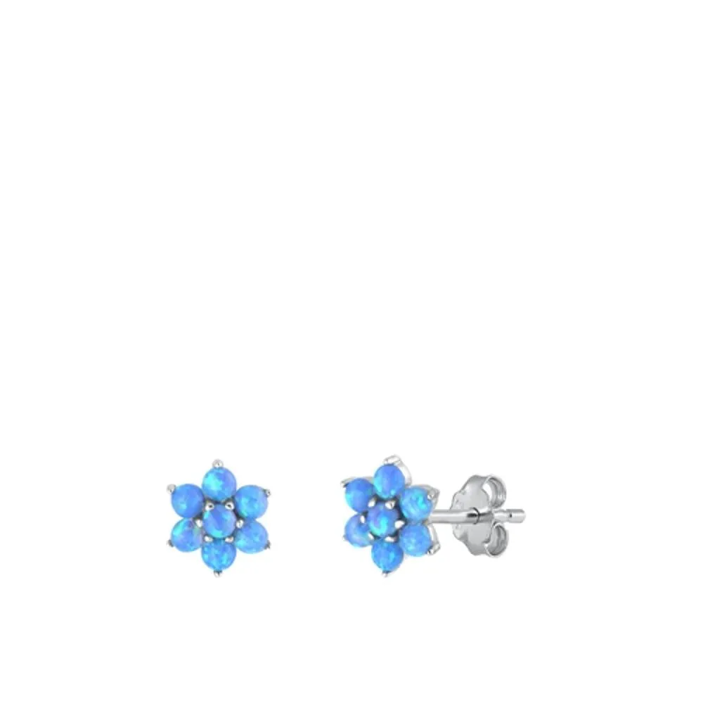 Sterling Silver High Polished Blue Synthetic Opal Flower Earrings .925 New