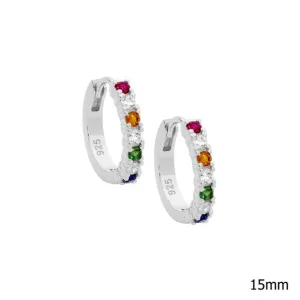 Sterling Silver Hoop Earrings with Multi Colour Cubic Zirconias 14mm E590S