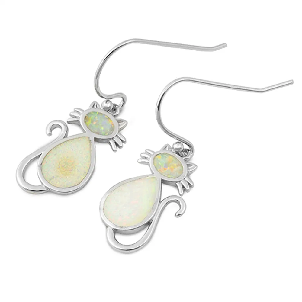 Sterling Silver Kitten Cute Cat Whisker Tail Pet Earrings White Synthetic Opal