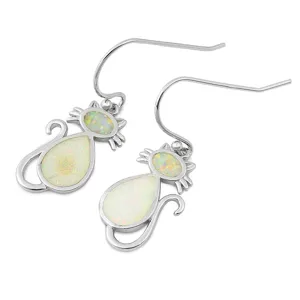 Sterling Silver Kitten Cute Cat Whisker Tail Pet Earrings White Synthetic Opal