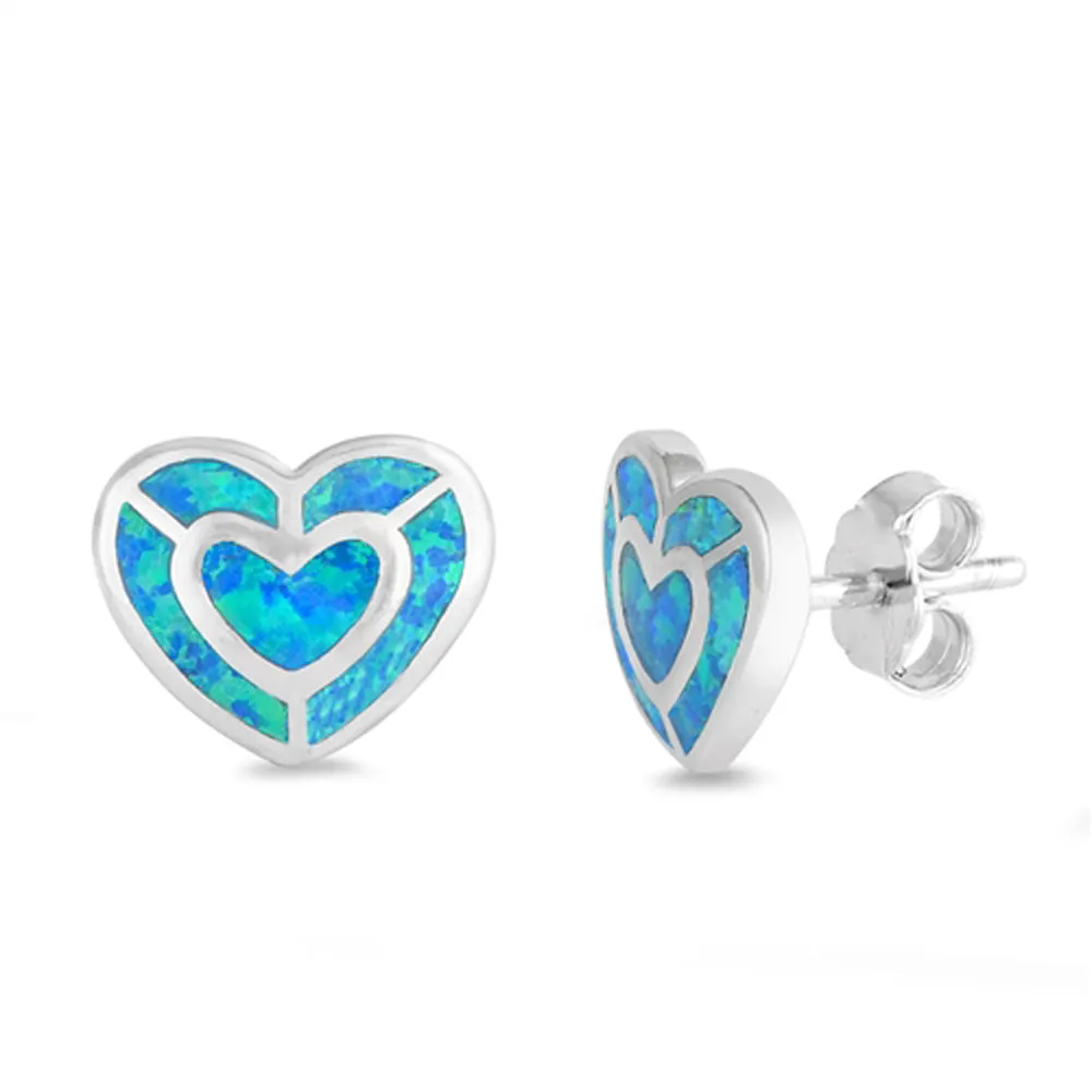 Sterling Silver Mosaic Heart Promise Love Earrings Blue Synthetic Opal 925 New