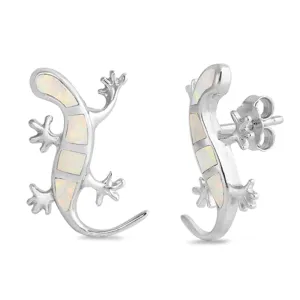 Sterling Silver Mosaic Lizard Animal Reptile Earrings White Synthetic Opal 925