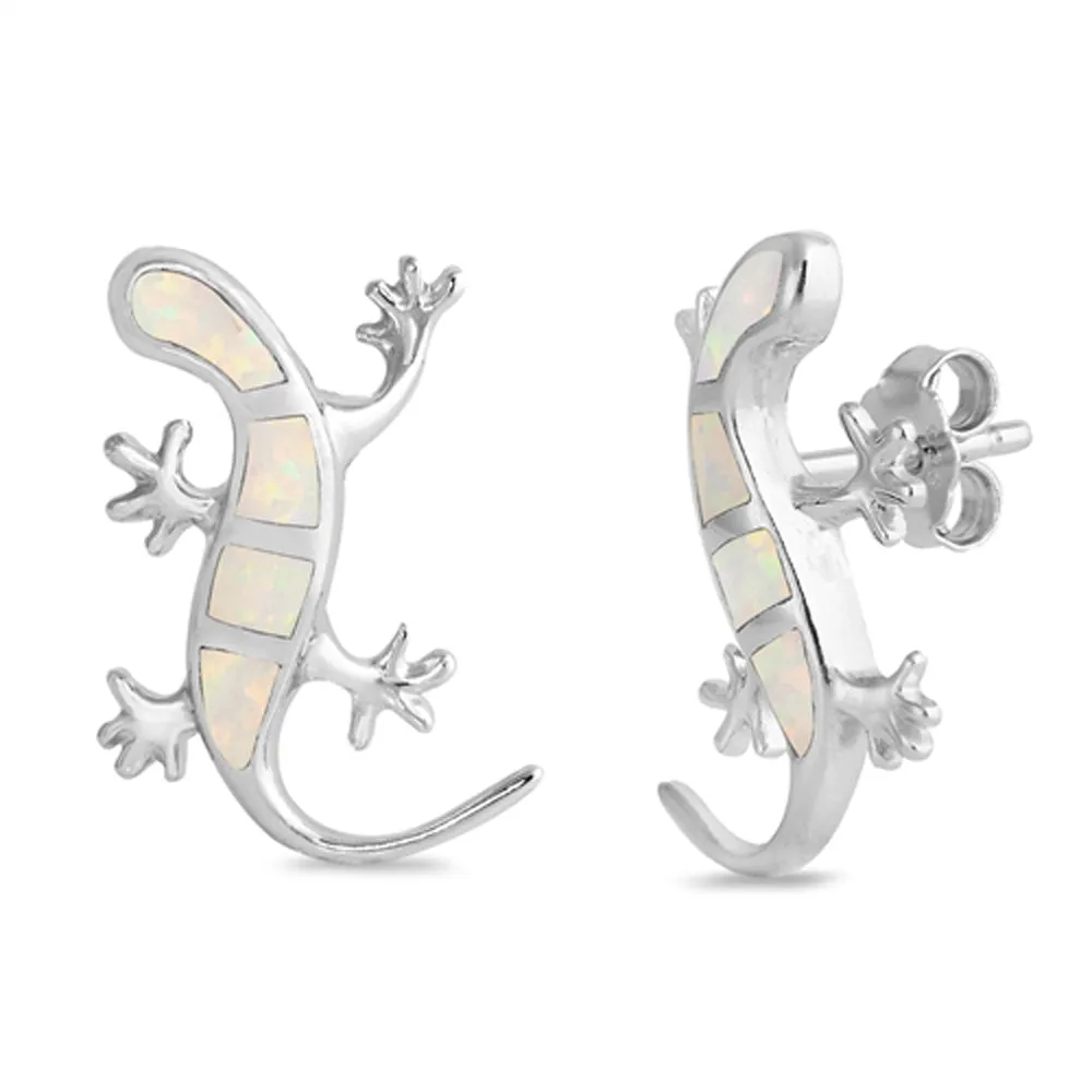 Sterling Silver Mosaic Lizard Animal Reptile Earrings White Synthetic Opal 925