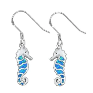 Sterling Silver Mosaic Seahorse Fish Animal Ocean Earrings Blue Synthetic Opal
