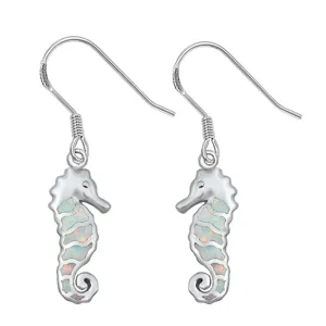 Sterling Silver Mosaic Seahorse Ocean Fish Beach Earrings White Synthetic Opal