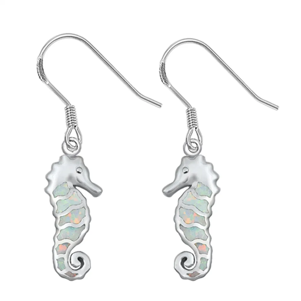 Sterling Silver Mosaic Seahorse Ocean Fish Beach Earrings White Synthetic Opal