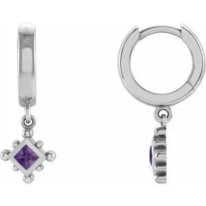 Sterling Silver Natural Amethyst Beaded Bezel-Set Hoop Earrings