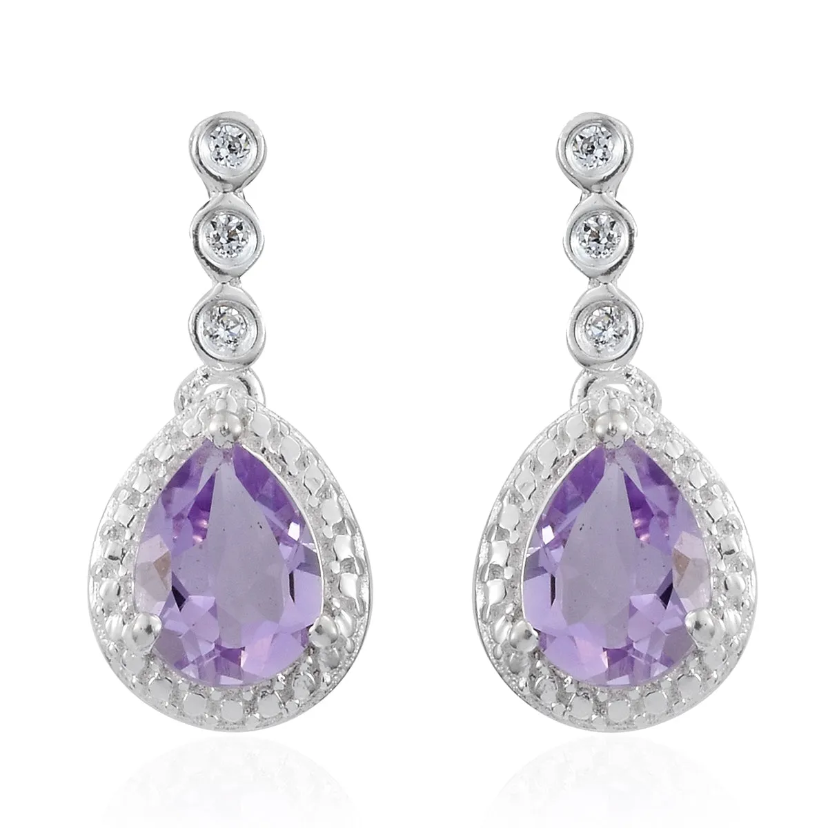 Sterling Silver Pear Shaped Rose De France AMETHYST & White CZ Halo Drop Earrings