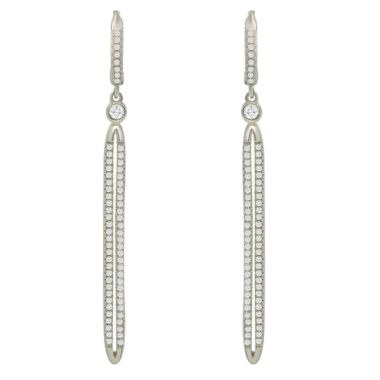 Sterling Silver Rhodium Plated and CZ Drop Line Earrings