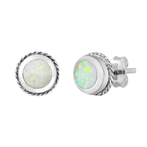 Sterling Silver Round White Opal Stud Earrings Braided Swisted Post 925 New