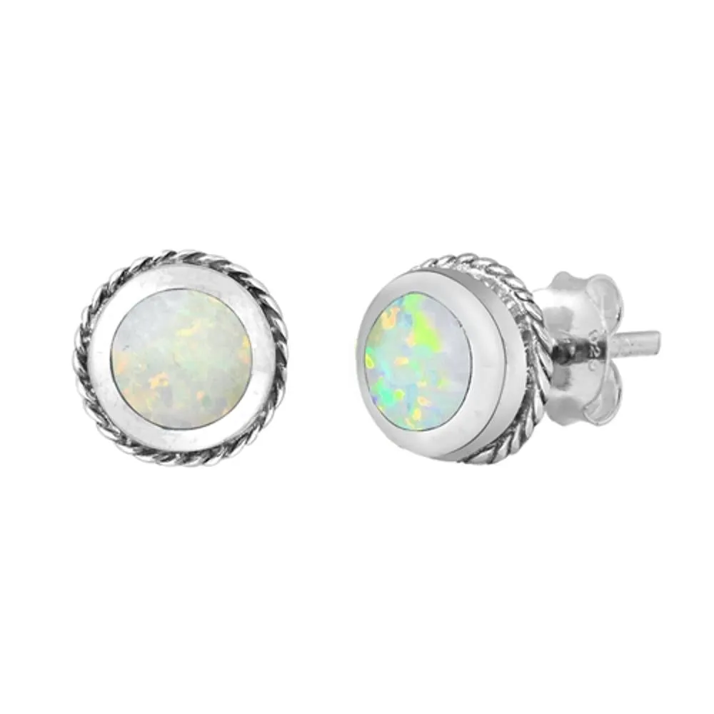 Sterling Silver Round White Opal Stud Earrings Braided Swisted Post 925 New