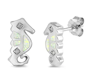 Sterling Silver Seahorse Modern Animal Fish Ocean Earrings White Synthetic Opal