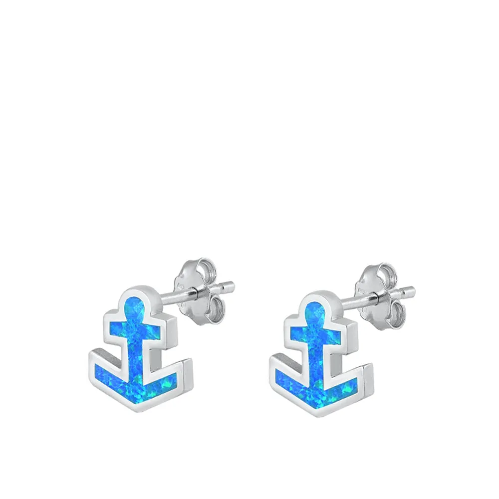 Sterling Silver Simple Anchor Ocean Ship Earrings Blue Synthetic Opal 925 New