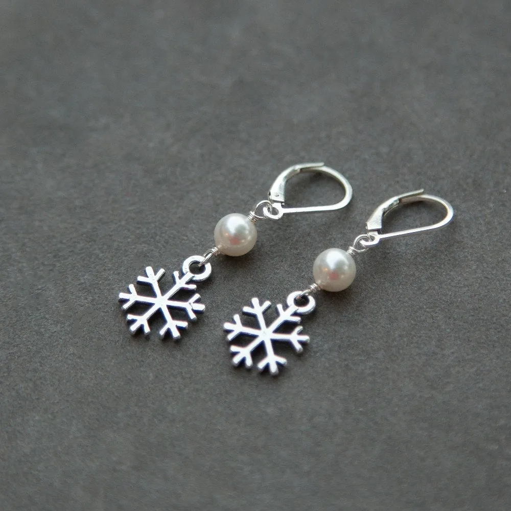 Sterling Silver Snowflake Earrings with Pearl, Winter Jewelry
