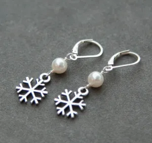 Sterling Silver Snowflake Earrings with Pearl, Winter Jewelry