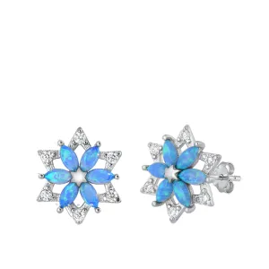 Sterling Silver Snowflake Flower Style Earrings Blue Synthetic Opal Clear CZ 925