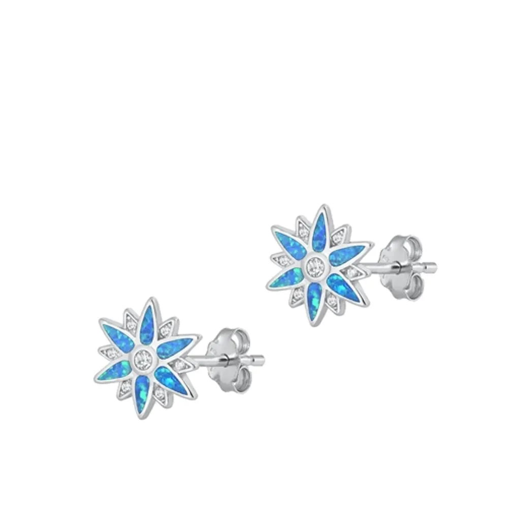 Sterling Silver Snowflate Blue Synthetic Opal Clear CZ Star Earrings 925 New
