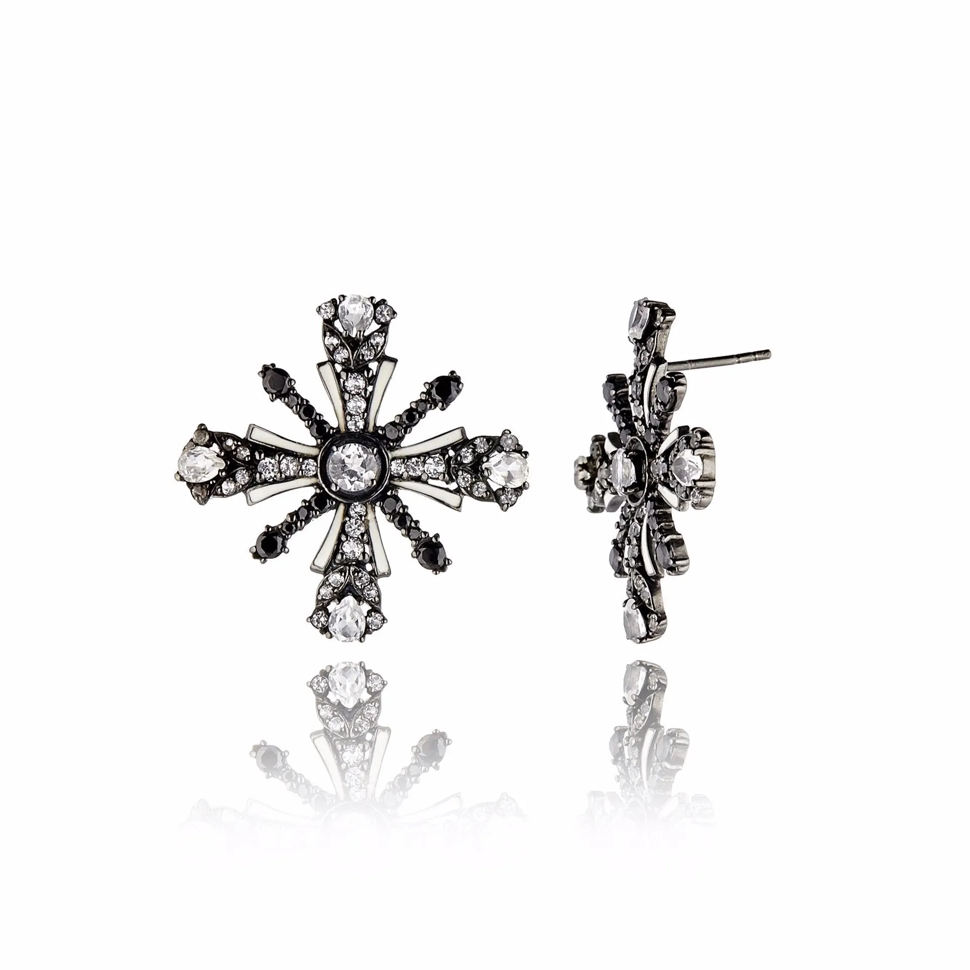 Sterling Silver Stud Earrings with White Enamel, Black Spinel & White Topaz