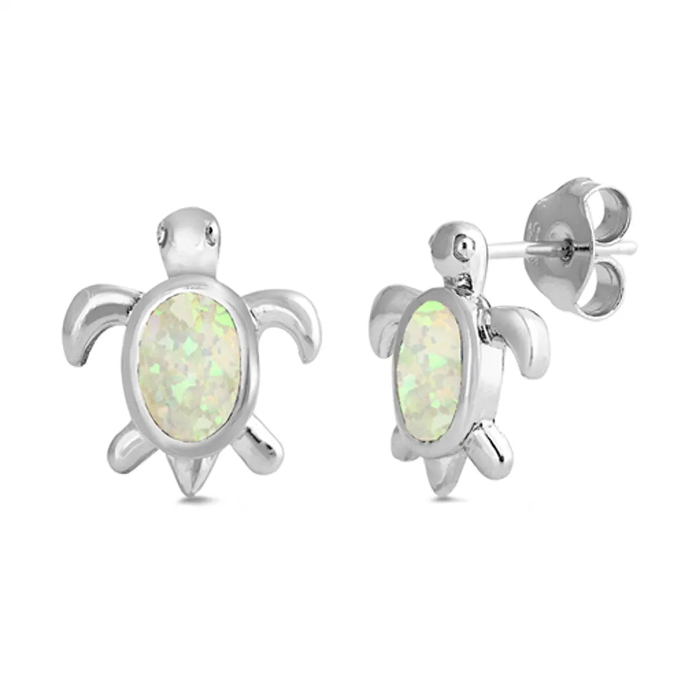 Sterling Silver Turtle High Polish Cute Ocean Earrings White Synthetic Opal 925