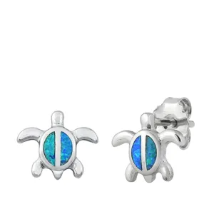 Sterling Silver Unique Blue Opal Sea Turtle Stud Earrings Push Back 925 New