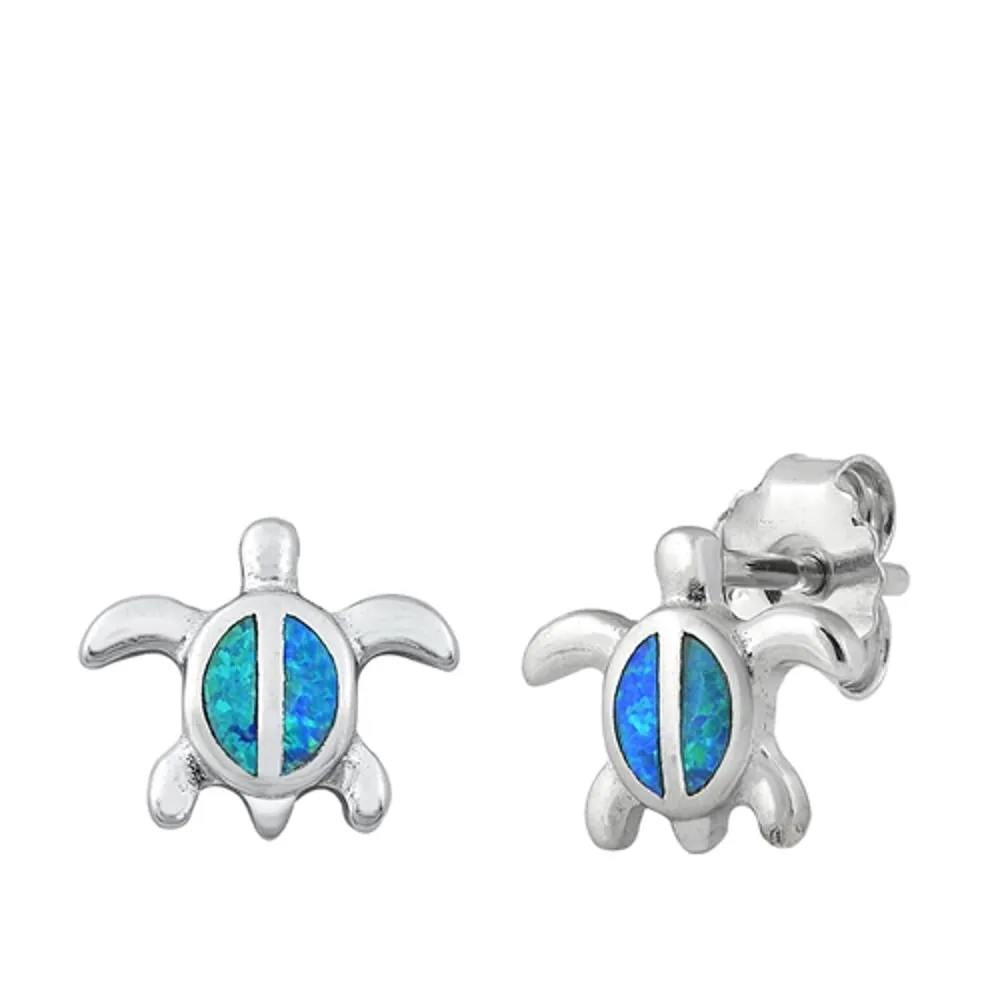 Sterling Silver Unique Blue Opal Sea Turtle Stud Earrings Push Back 925 New