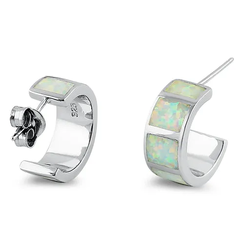 Sterling Silver White Lab Opal Hoop Earrings