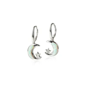 Sterling Silver White Opal Moon & Star Leverback Earrings by Alamea