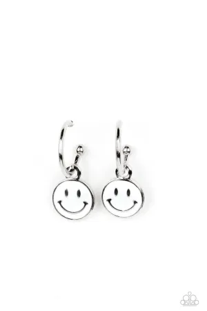 Subtle Smile - White - Smiley Face Charm Paparazzi Hoop Post Earrings