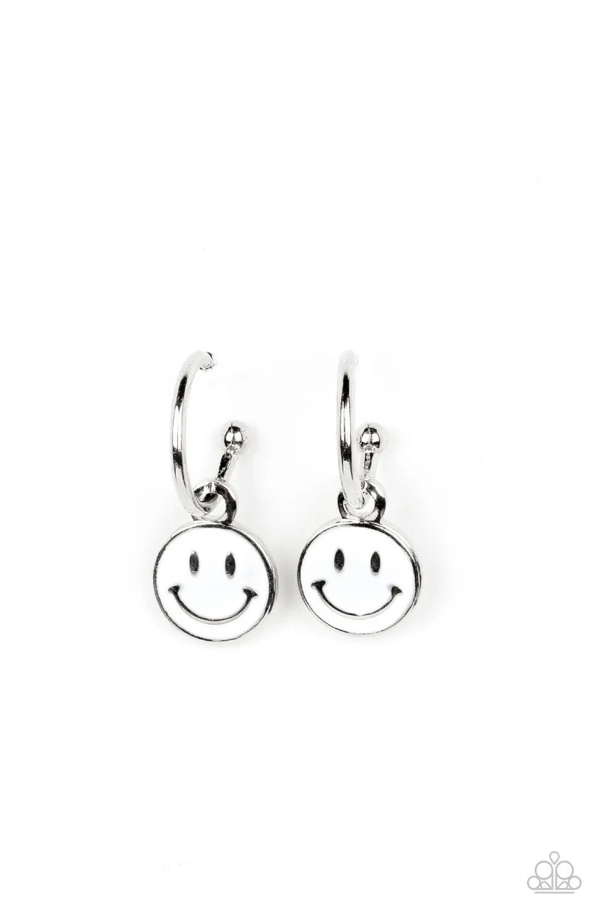 Subtle Smile - White - Smiley Face Charm Paparazzi Hoop Post Earrings