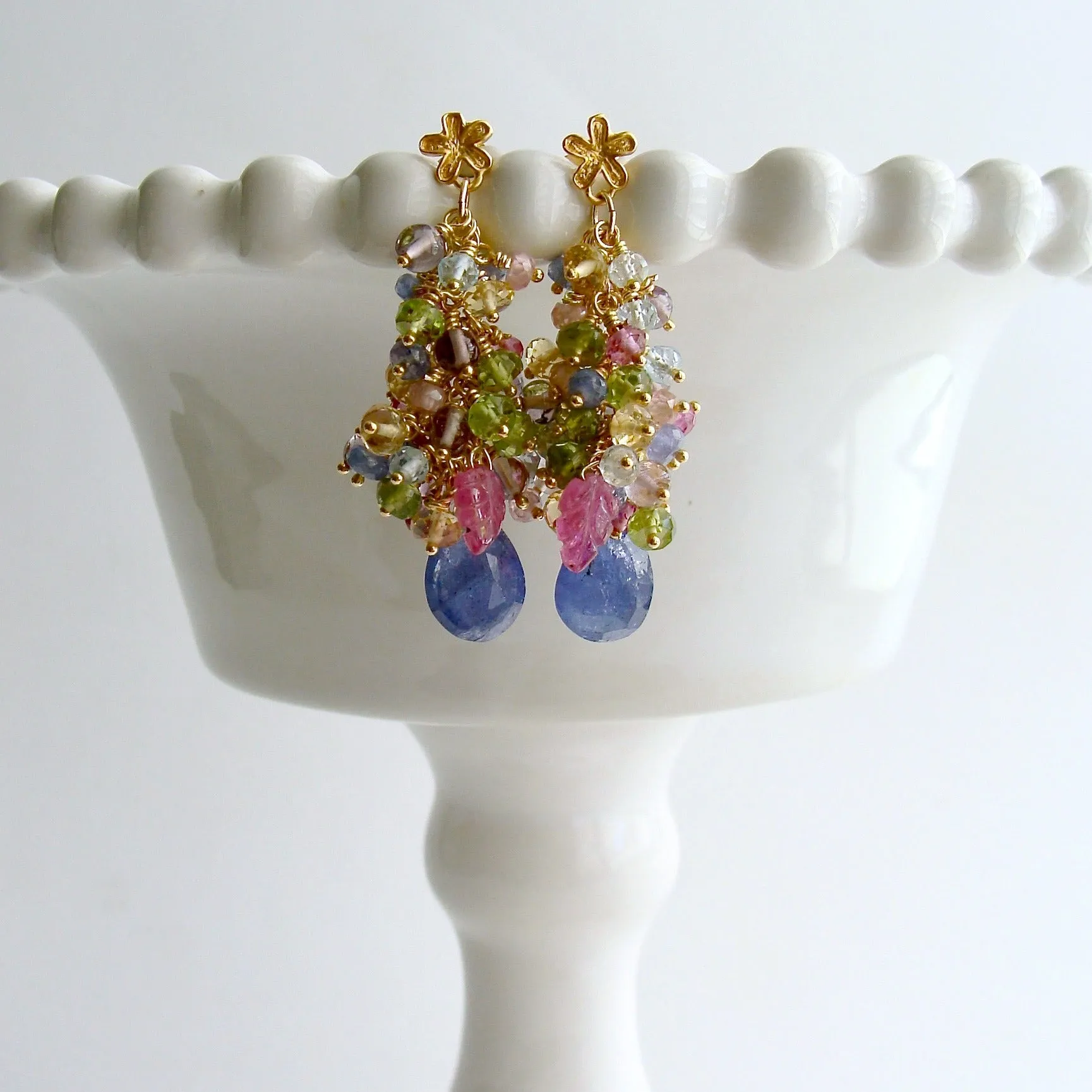 Tanzanite, Pink Topaz, Pink Zircon, Amethyst, Peridot, Blue Topaz, Citrine Cluster Earrings - Fleur VI Earrings