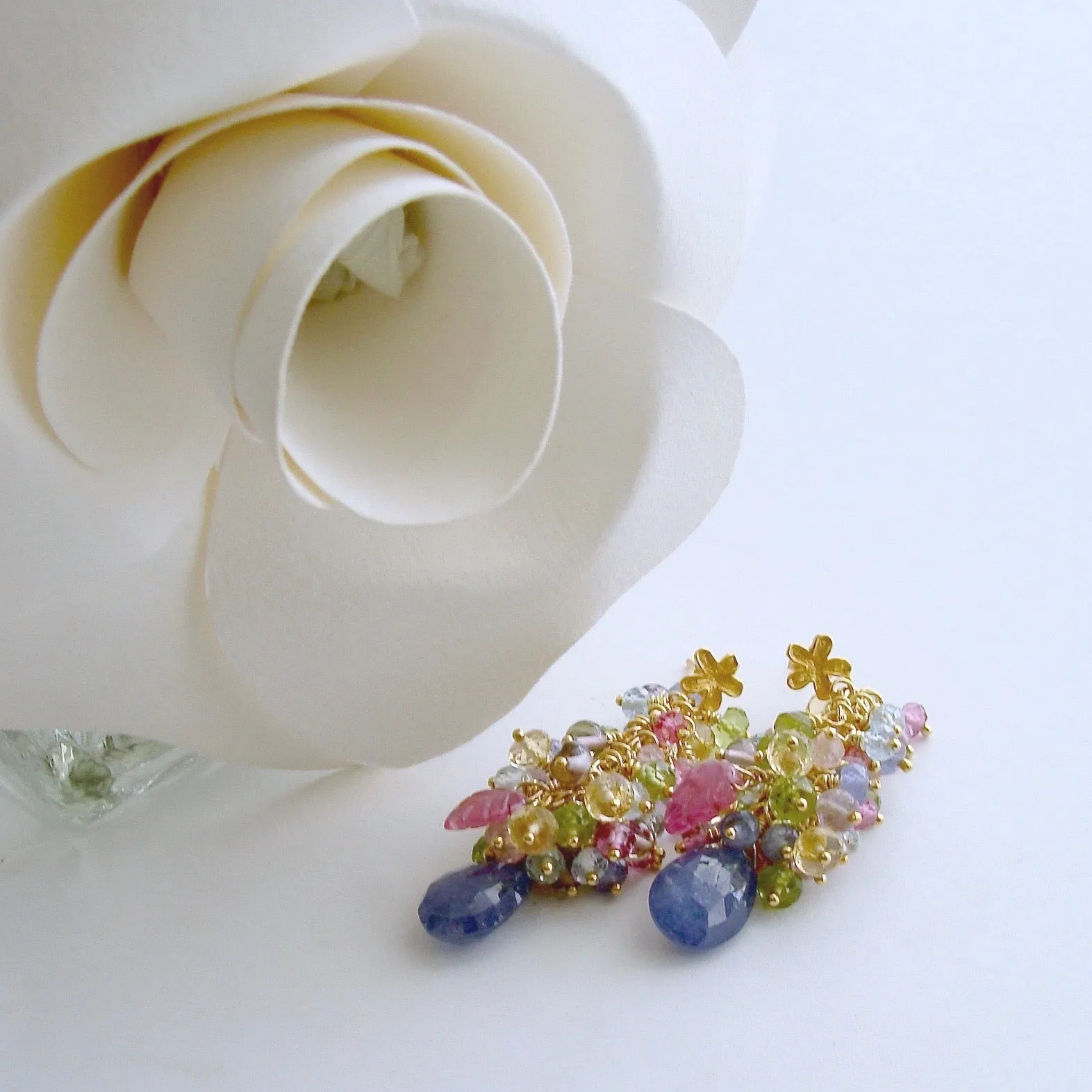 Tanzanite, Pink Topaz, Pink Zircon, Amethyst, Peridot, Blue Topaz, Citrine Cluster Earrings - Fleur VI Earrings
