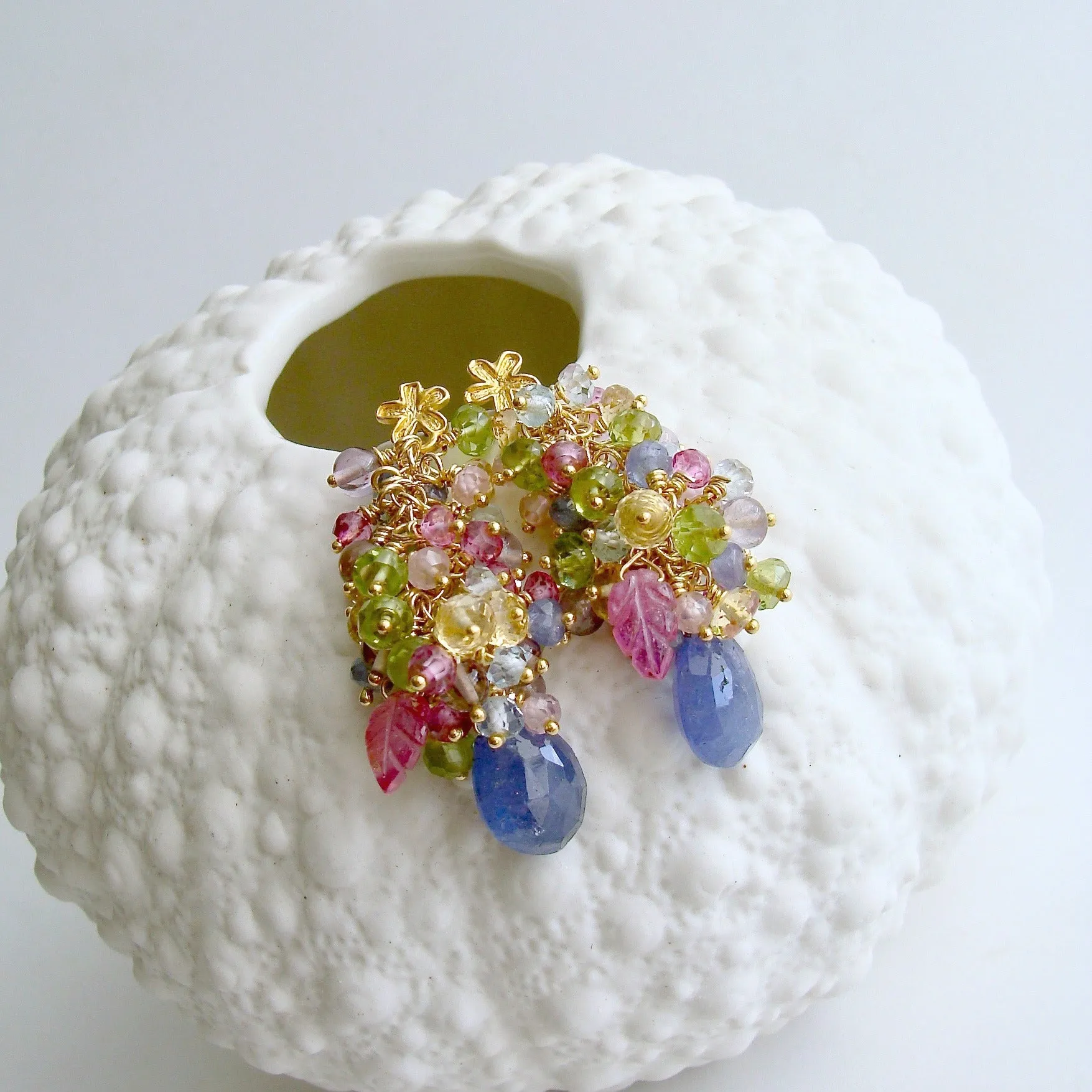 Tanzanite, Pink Topaz, Pink Zircon, Amethyst, Peridot, Blue Topaz, Citrine Cluster Earrings - Fleur VI Earrings