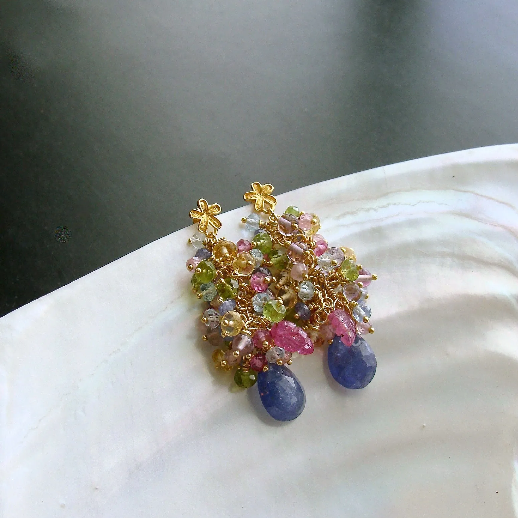Tanzanite, Pink Topaz, Pink Zircon, Amethyst, Peridot, Blue Topaz, Citrine Cluster Earrings - Fleur VI Earrings