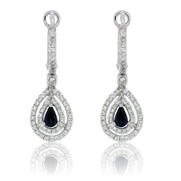 Tear Drop Sapphire Double Diamond Halo Dangle Earrings