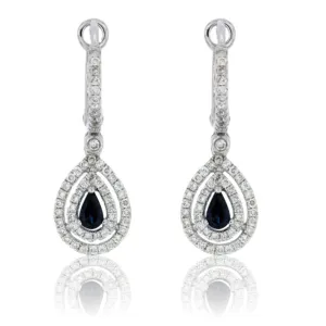 Tear Drop Sapphire Double Diamond Halo Dangle Earrings