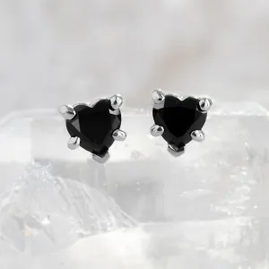 The Black Onyx Gemstone Heart Stud Earrings | 14K White Gold
