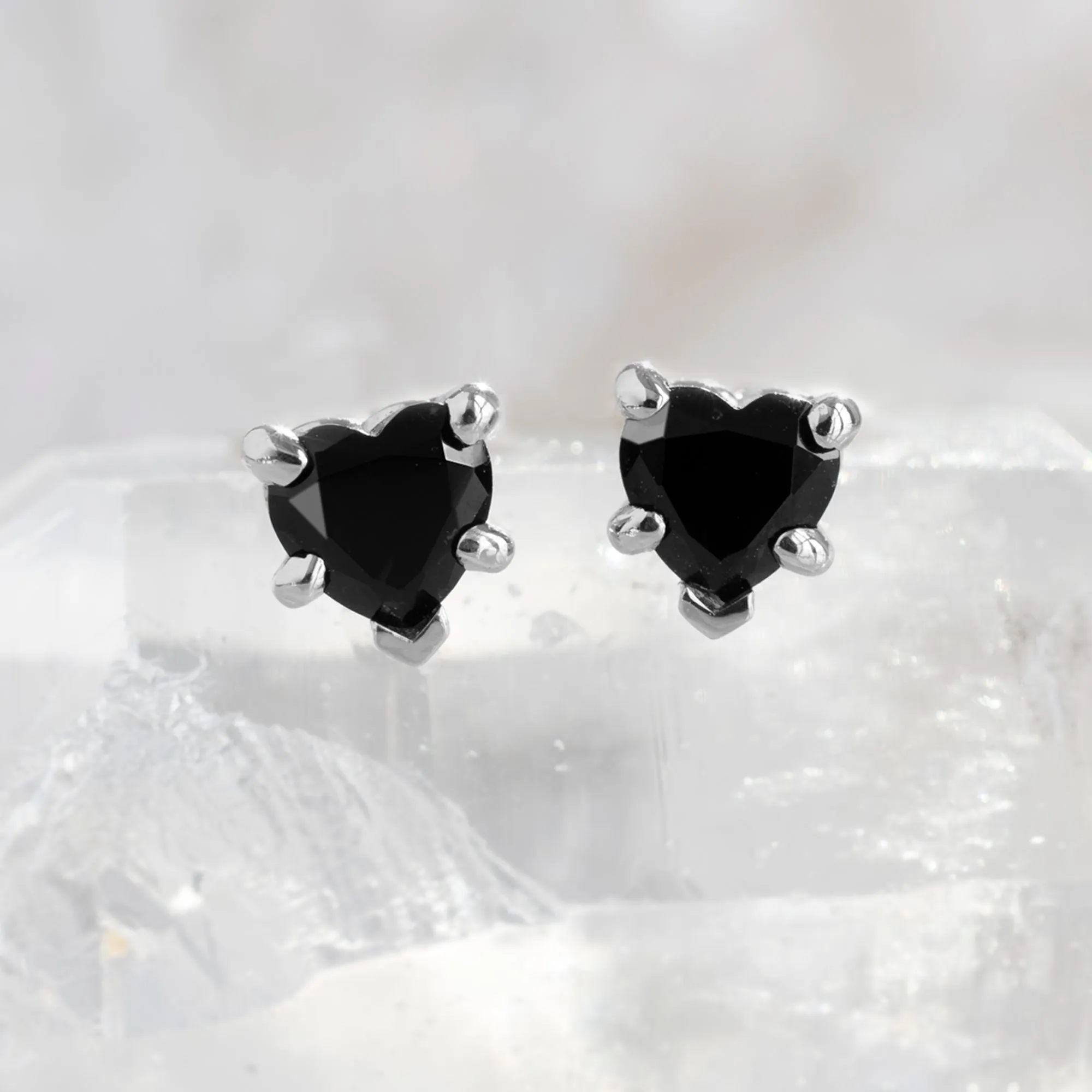 The Black Onyx Gemstone Heart Stud Earrings | 14K White Gold