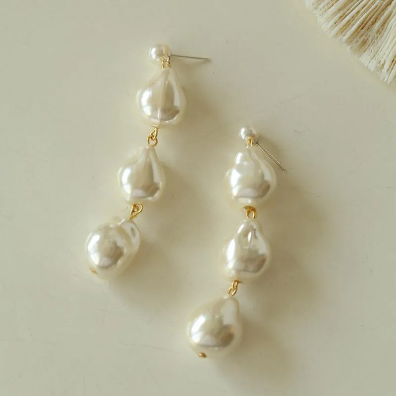 Three Baroque Pearl Long Drop Earrings