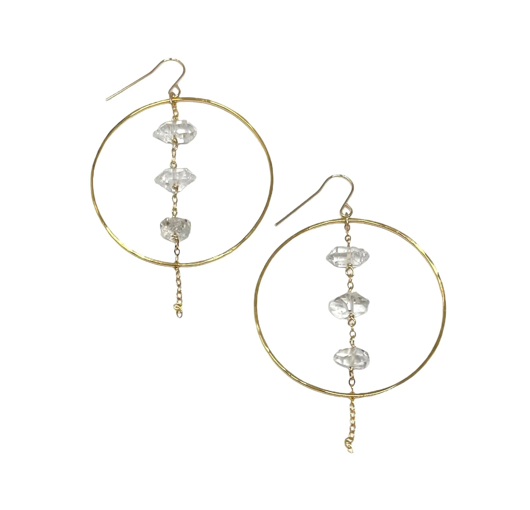 THREE Dangling Herkimer Hammered Circle Hoop Earrings