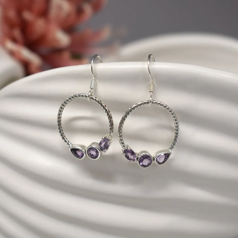 Tilly multi-shaped amethyst facet rope hoop earrings