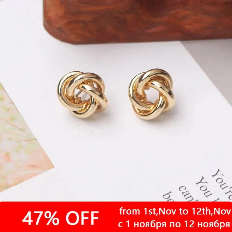Tiny Metal Stud Earrings for Women Gold Color Twist Round Earrings Small Unusual Earrings