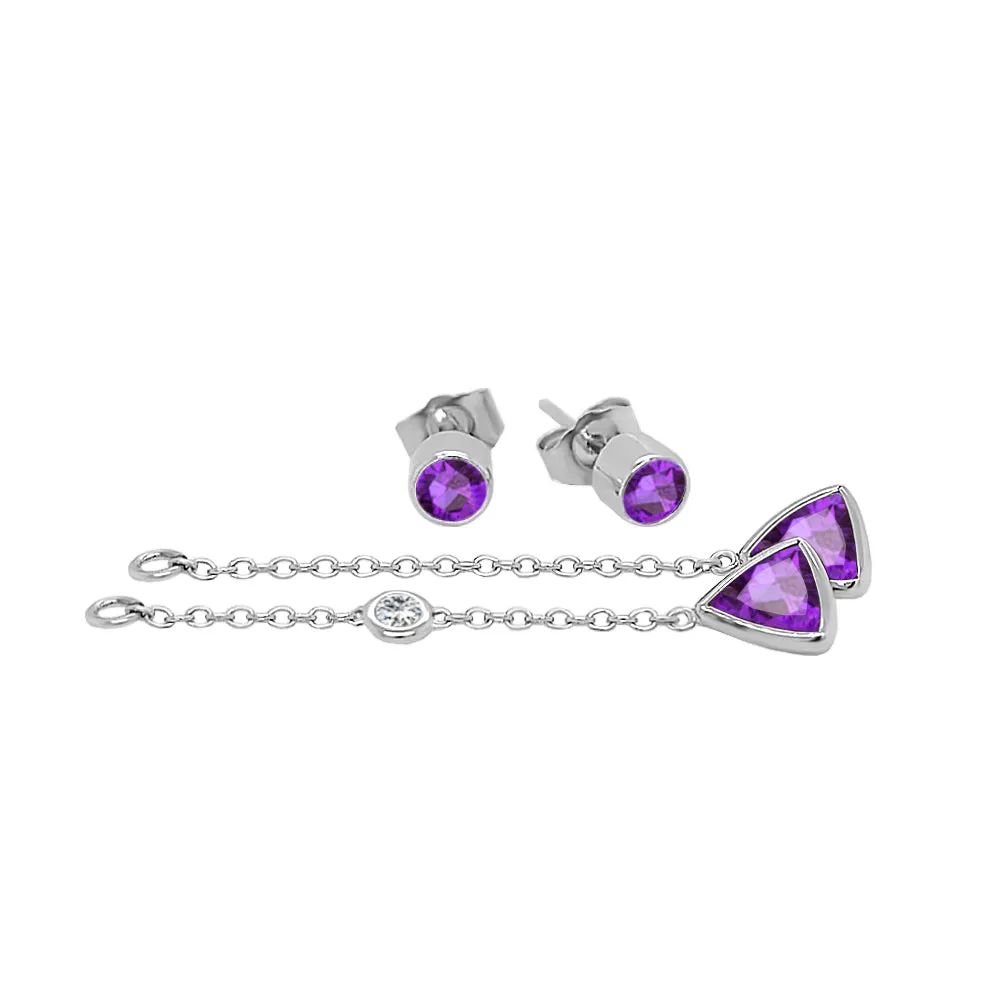 Trillion Shape Gemstone & 0.04Ct Diamond Mismatched Earring Set in 14K Gold