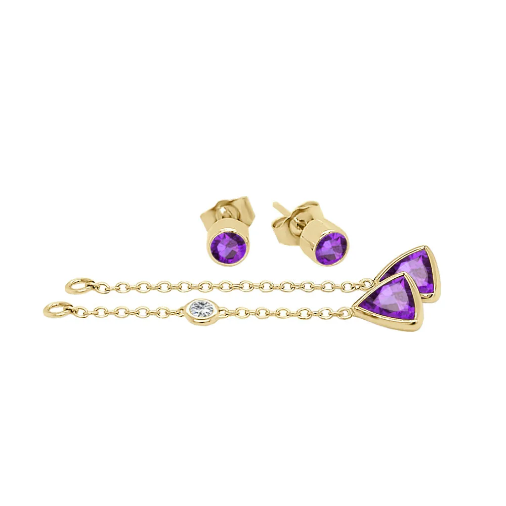 Trillion Shape Gemstone & 0.04Ct Diamond Mismatched Earring Set in 14K Gold
