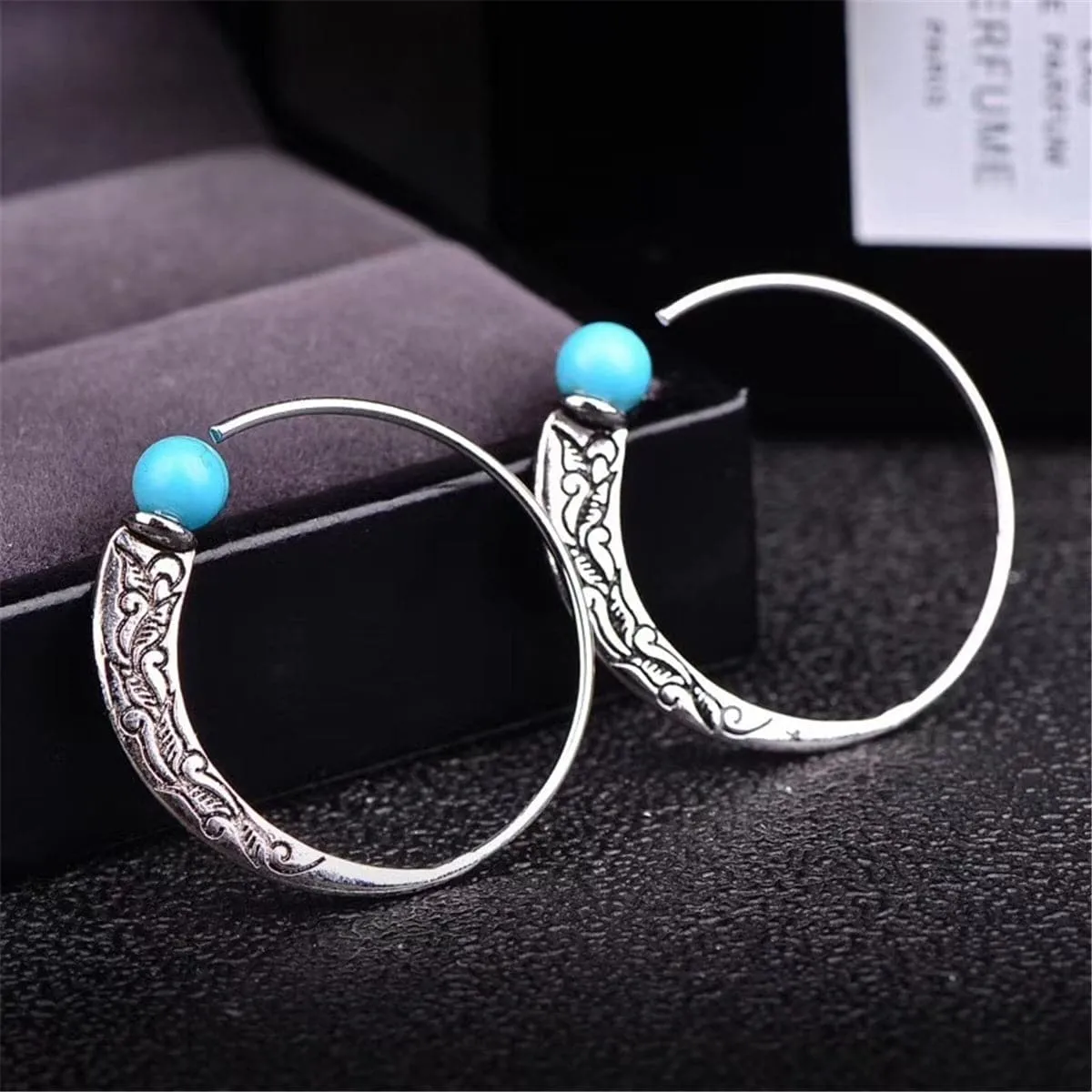 Turquoise & Silver-Plated Hoop Earrings