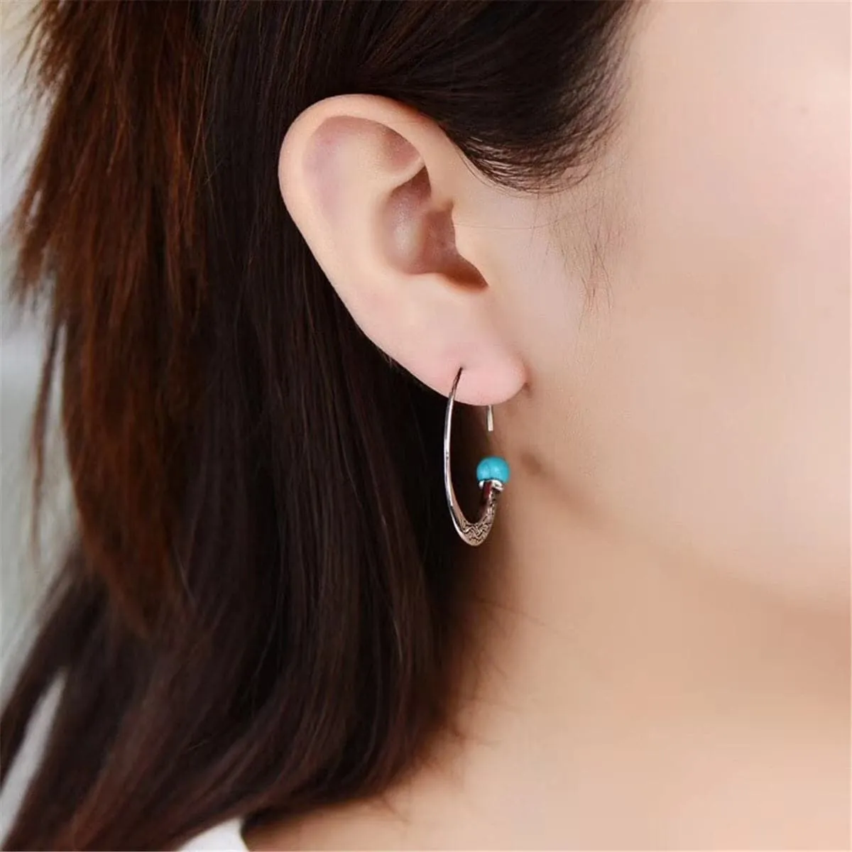 Turquoise & Silver-Plated Hoop Earrings