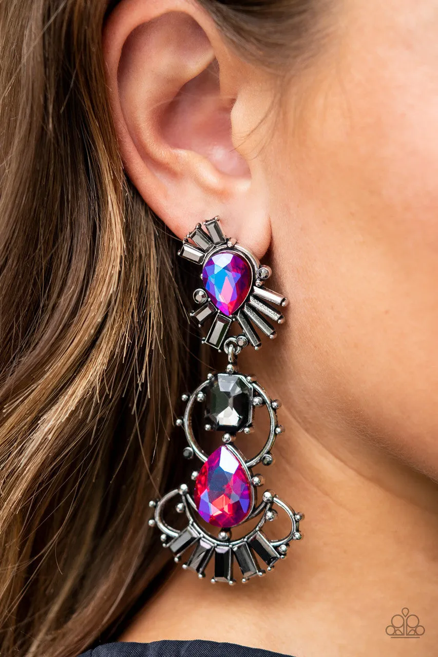 Ultra Universal - Pink - UV Iridescent Gem Hematite Rhinestone Paparazzi Post Earrings - July 2022 Life of the Party Exclusive